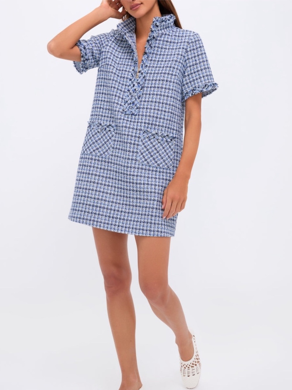 Tuckernuck Pomander Place Blue Multi Tweed Ophelia Dress Short Sleeve Preppy XS